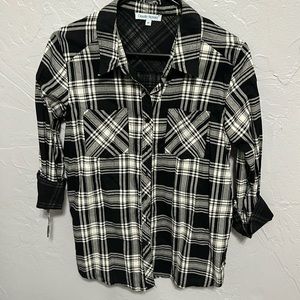 Claudia Richard, women’s, 100% Cotton, plaid, black, button down shirt.